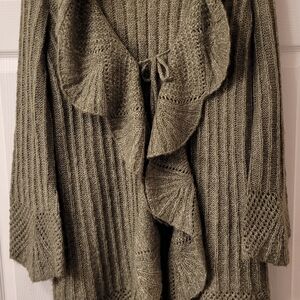Valerie Bertinelli Dusty Sage Tie Front Ruffled Cardigan Sweater Sz. M